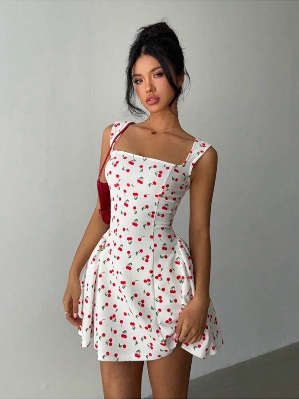 White Cherry Print Square-Neck Mini Dress